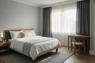 Pokoj hotelowy z zaslanym lozkiem i biurkiem przy oknie w porannym swietle
