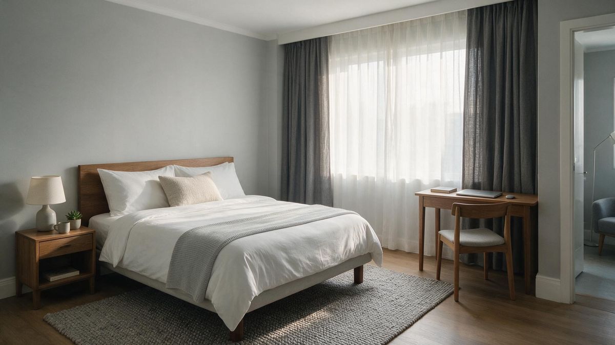 Pokoj hotelowy z zaslanym lozkiem i biurkiem przy oknie w porannym swietle